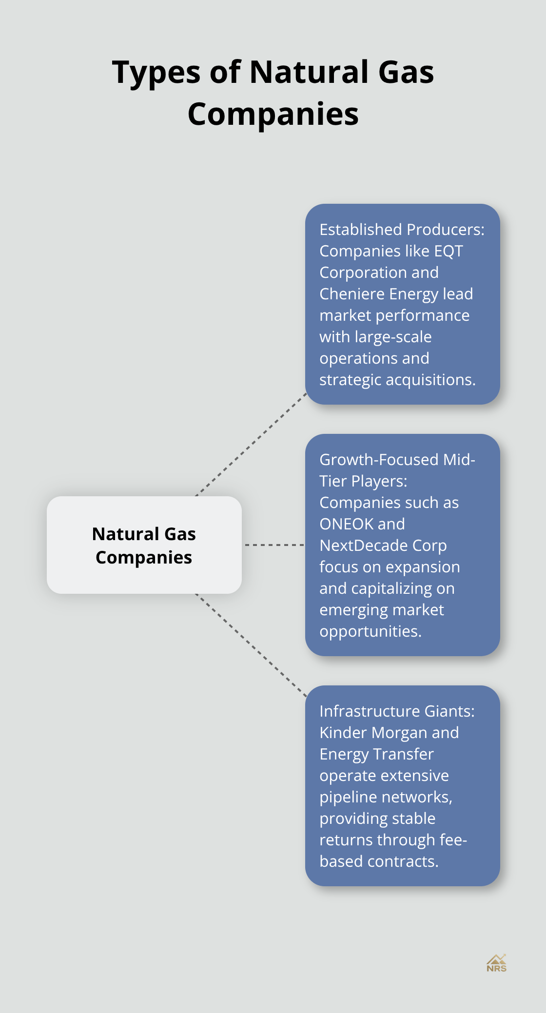 Hub and spoke chart showing three types of natural gas companies: Established Producers, Growth-Focused Mid-Tier Players, and Infrastructure Giants - best natural gas stocks