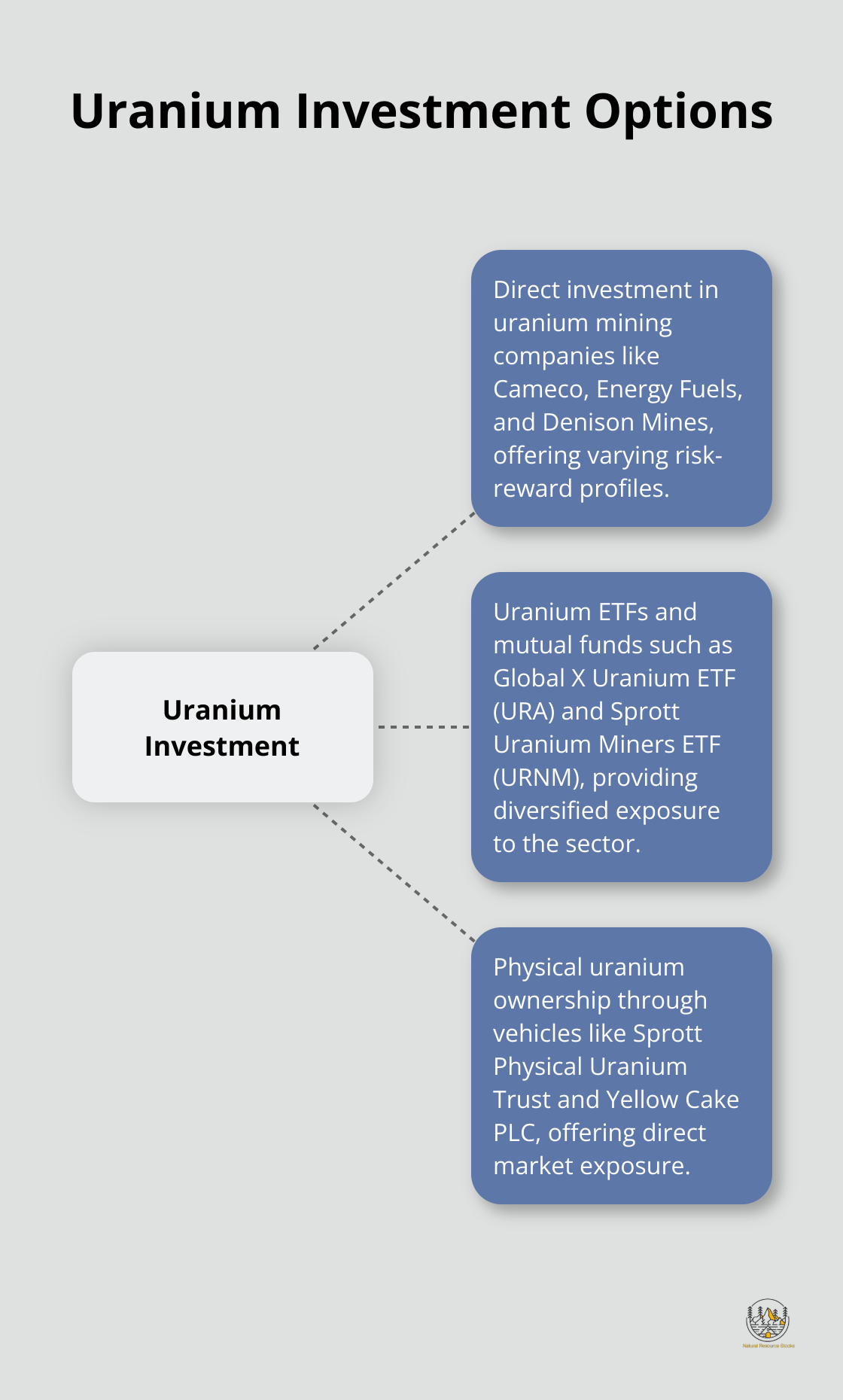Hub and spoke chart showing various uranium investment options: mining companies, ETFs and mutual funds, and physical uranium ownership - How to invest in Uranium