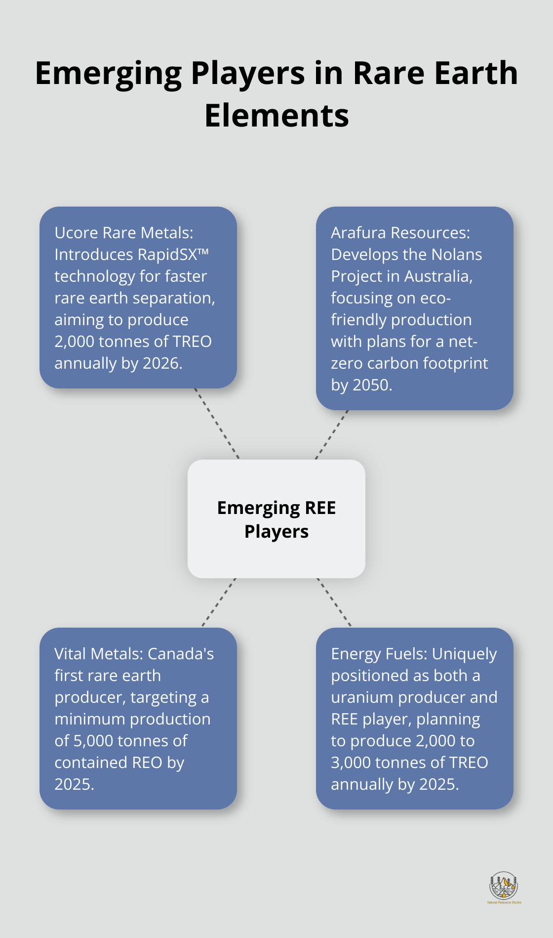 Hub and spoke chart showing emerging players in the rare earth elements market and their key innovations - rare earth elements companies